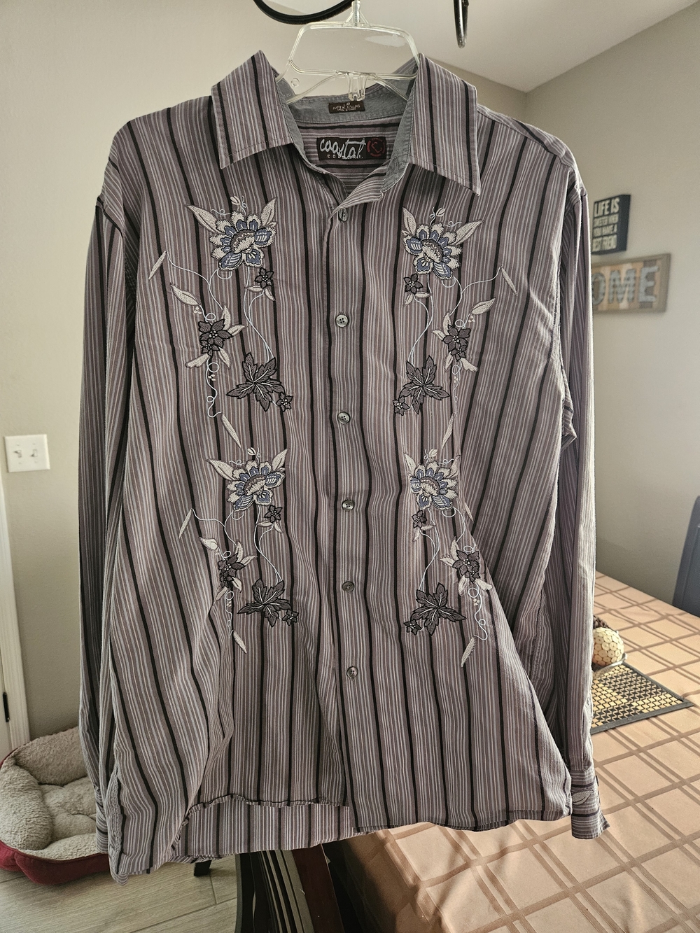 Coastal Super Styling Shirt Men's L Gray Black Striped Embroidered Long Sleeve